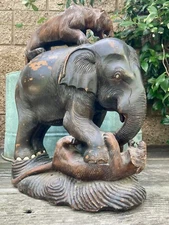 SCULPTURE AFRICAN ELEPHANT BATTLE ATTACKING LIONS EBONIZED HAND CARVED WOODEN