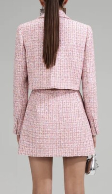 Self-Portrait Pink Boucle Tailored Mini Dress V Neck Long Sleeve Dress for  Women | eBay