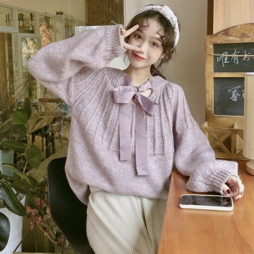 Donna con Lacci Maglione Maglia Pullover Top Fiocco Carino Vintage Larga  Inverno | eBay