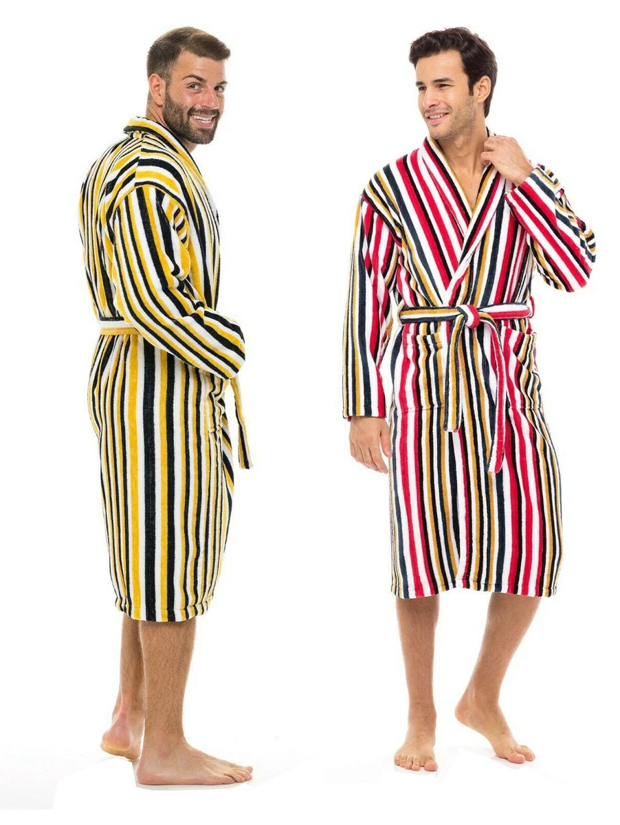 Men\'s 100% Terry Cotton Shawl Collar Bathrobe Multi Color Striped Dressing  Gown | eBay