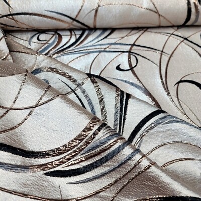 Fabric By The Yard Brocade Jacquard Swirl Metallic Geometric Gold Charcoal Beige