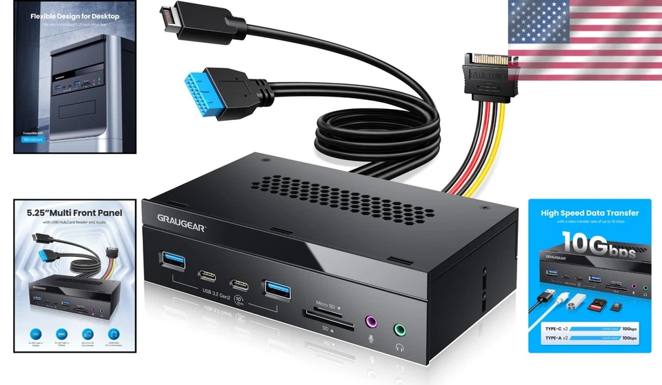 5.25 Inch 10Gbps USB 3.2 Front Panel Hub with SD/microSD Reader & Audio Ports - Immagine 2 di 4
