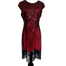 Flapper Dress Great Gatsby Women Lrg Red Black Sequin Beaded Fringe Cap Sleeve