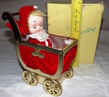 Vintage AVLON 7" Musical Baby Carriage w/ Box - Metal, Felt, Paper Mache - NICE