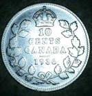 1936 Canadian 80% Silver 10 Cents King George V Circulated Canada Dime