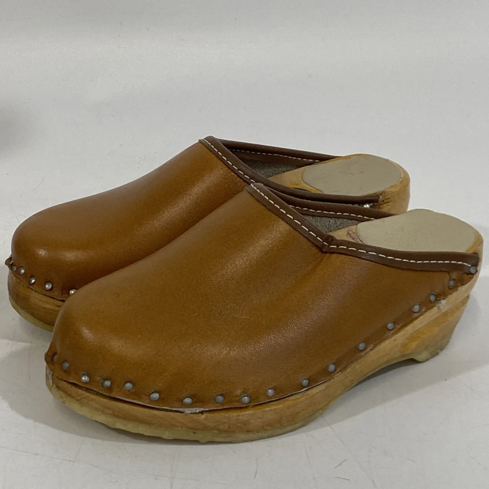 Vintage Girls Swedish Bastad-Toffeln Wood & Tan Leather Clogs Size 24 Us 8 - Image 4 of 4