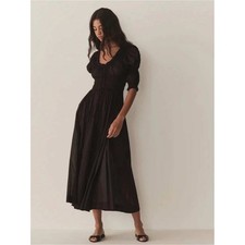 DOEN Ischia Poplin Dress Black Smocked Waist Ruffle Midi S