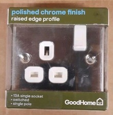GoodHome raised‑edge polished‑chrome 13A single switched socket