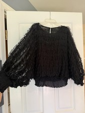 Vintage 1970s Black Ruffle Sheer Lace Blouse Goth Grunge Andree Gaye Made In USA