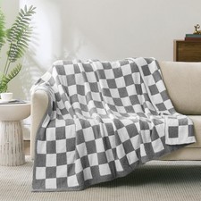 Checkered Throw Blanket, Light Grey Soft Cozy Fluffy Knitted Throw Blankets f...