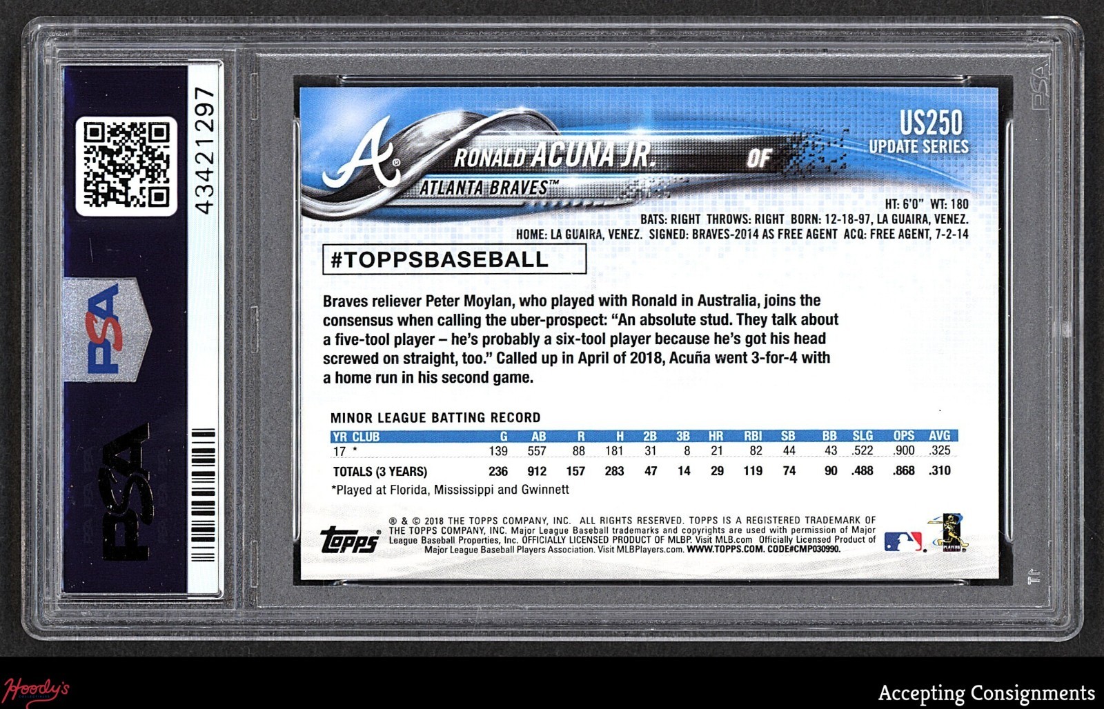 2018 Topps Update #US250 Ronald Acuna Jr. ROOKIE RC BRAVES PSA 10 GEM MINT view 2