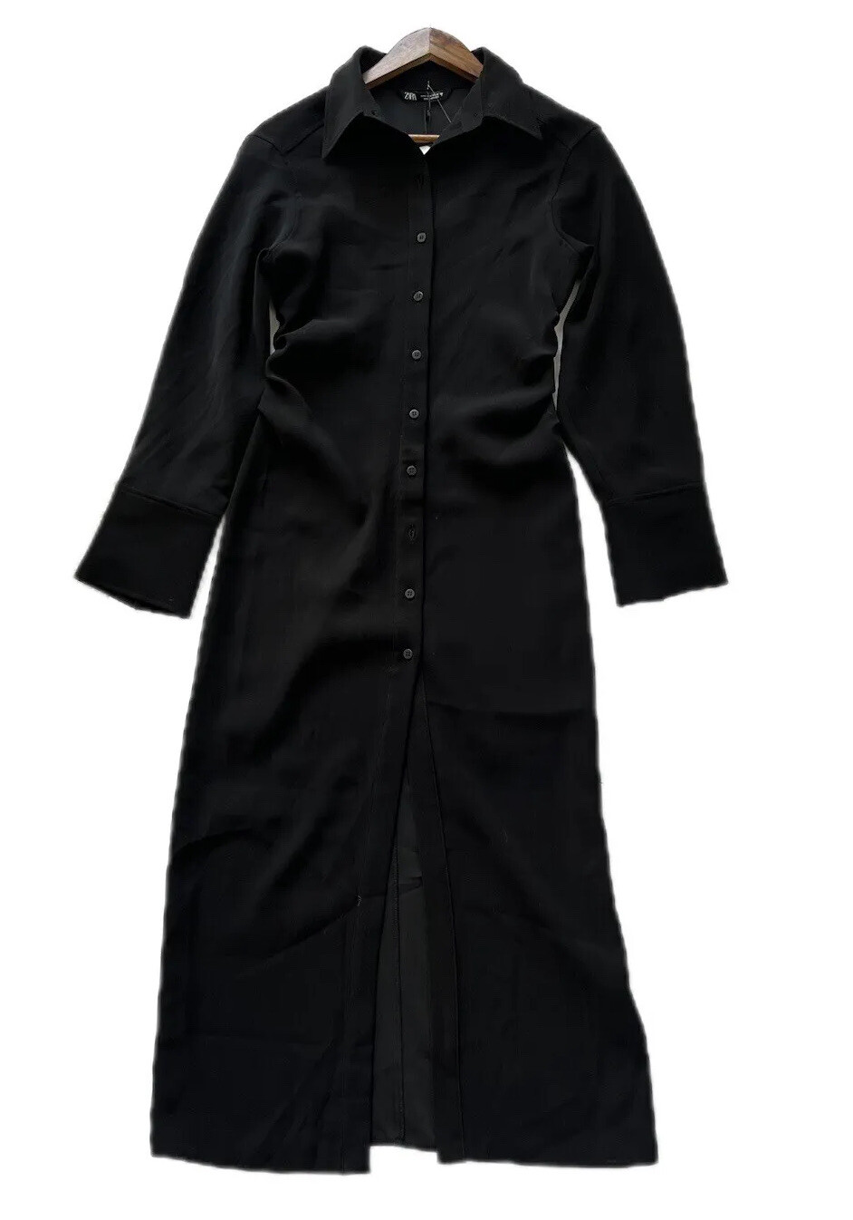 Zara Maxi Dress Sz S Button Front Black Long Sleeve Shirtdress-image