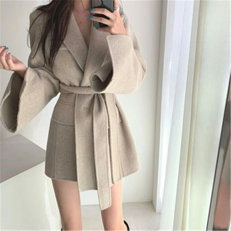 Womens Solid Colour Coat Fall Winter Korean Chic Elegant Belt