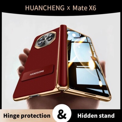Plating Leather Hinge Protection Full body Stand Case+Glass For Huawei mate X6