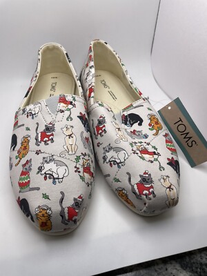NWT Womans TOMS Size 8.5 Belmont Holiday CHRISTMAS CATS Light Grey Flat Shoes