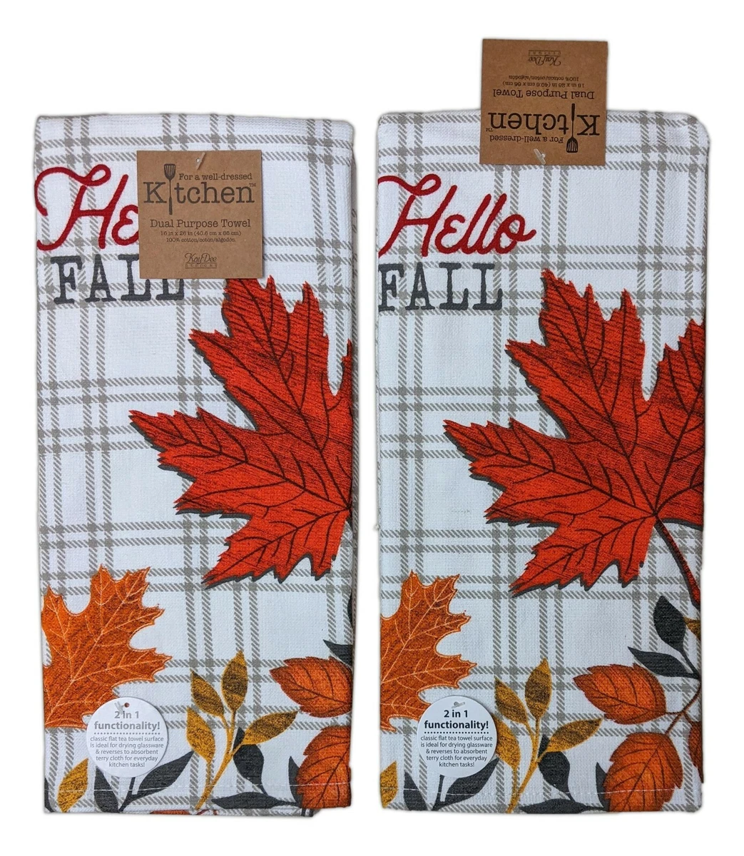 Set of 2 HELLO FALL Autumn Leaves Terry Kitchen Towels by Kay Dee