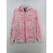 Under Armour Womens M Long Sleeve Full Zip Drawstring Hooded Jacket White Pink