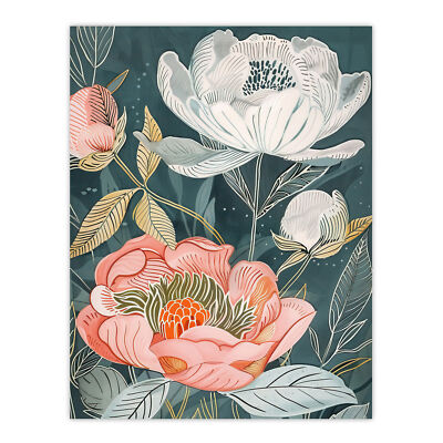 Red White Peonies in Bloom Artwork Wildflowers Wall Art Poster Print
