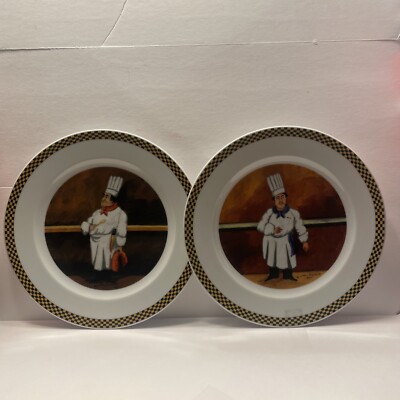 CHEF SUITE PLATES By Guy Buffet Chef Berland & Hubert Lot Of 2 Checkerboard Rim
