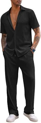 Men Outfit 2-Piece Set Half Sleeve Button Shirt and Pants Sweatsuit Set - Picture 18 of 30
