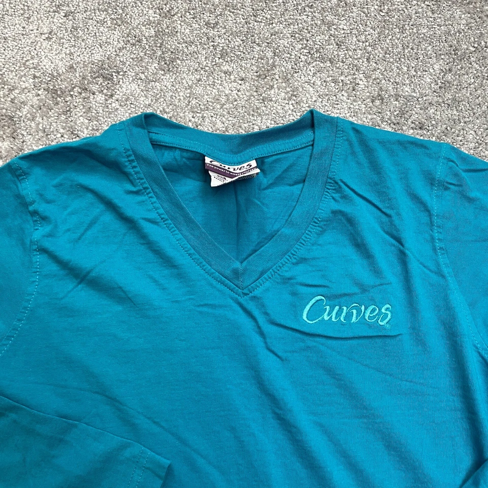 Curves T Shirt Womens Medium Blue Long Sleeve Cotton V Neck Basic Logo Solid Top - Image 2 of 4