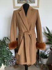 Zara Camel Wool Belted Wrap Coat Jacket Tan Brown Faux Fur Cuffs - Size Small