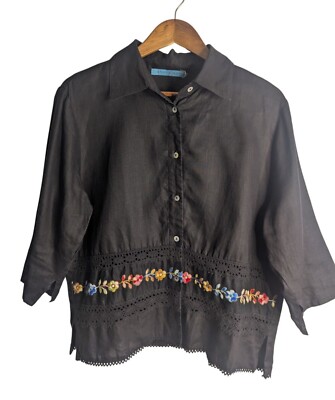 Womens Button-Up Blouse Sz L Black Embroidered Eyelet Lace Boho Hippie Festival