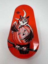 Vintage Halloween Tin Noisemaker Ratchet Winking Owl JOL Moon US Metal Toy Co