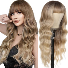 Long Wavy Wig Curly Women Wigs Synthetic Ombre Blonde with Bangs 26Inch Dark