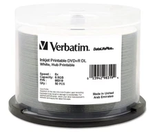 Verbatim 98319 DVD+R DL Recordable Disc, 8.5GB, 8X, Printable, Spindle, 50/Pk