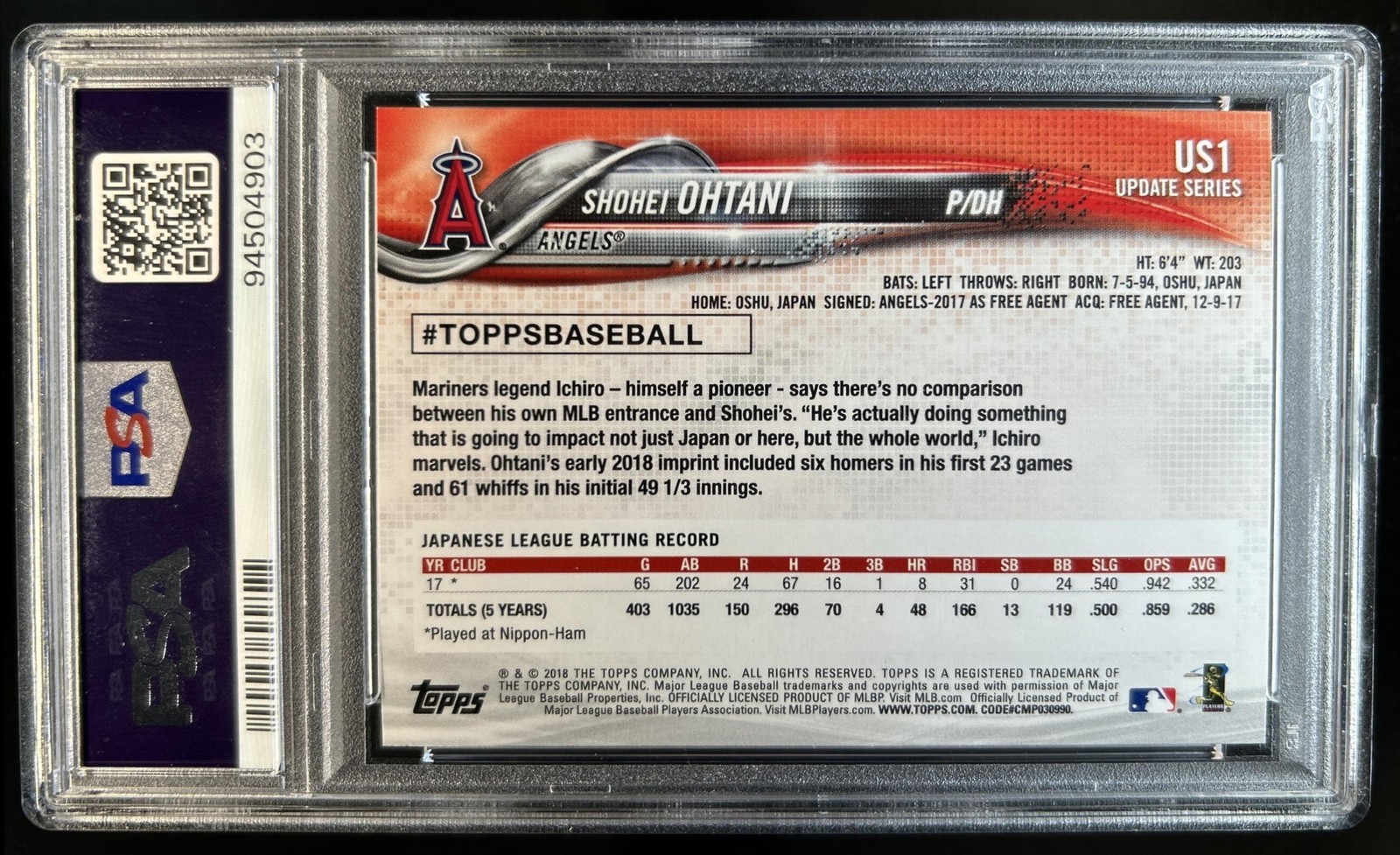 2018 Topps Update Shohei Ohtani RC Rookie #US1a Angels PSA 10 GEM MINT view 2