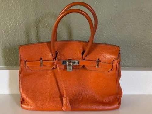 Pebble Calfskin Leather Orange Top Handle Shoulder Bag