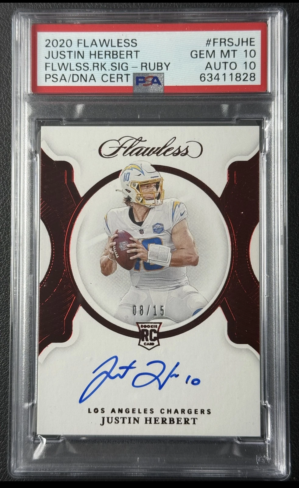 Justin Herbert Panini Flawless Flawless Rookie Signatures #FRSJHE Ruby-White Box 1/1