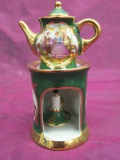 Vintage Limoges miniature Tea pot, stand and warmer Green, gold, courting scene