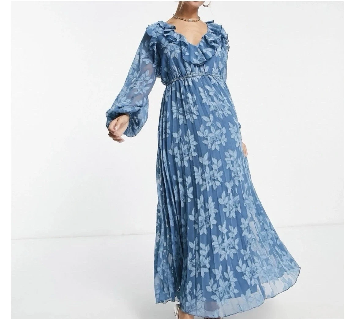 knee length dresses for ladies Rent Asos Edition Blouson Sleeve Floral Embroidered Maxi Dress With Open  Back In Light Pink main image 1