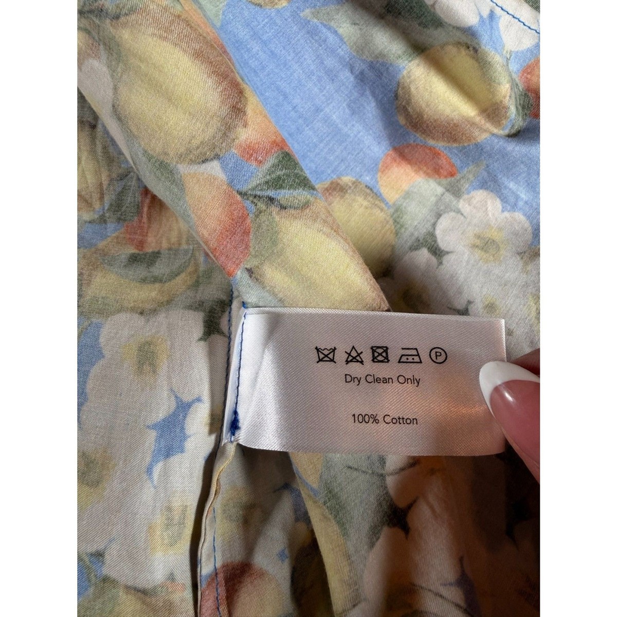 Borgo de Nor Lemon Blossom Citrus Print Midi Dress Size 8 Blue Button Front View 6