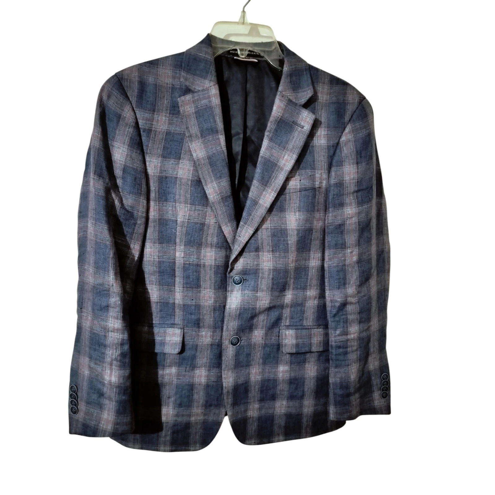 M1250) Tommy Hilfiger Men Blue Plaid Linen Two Button Sports Jacket Size 36S image 1