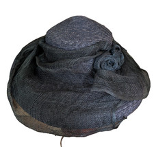 Navy Wide Brimmed Straw Hat Decorated With Sheer Mesh Overlay