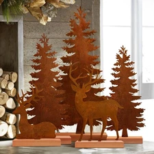 Set of 5 Metal Christmas Tree and Deer Tabletop Decor, Rusty Steel Vintage E