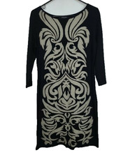 Nine West Womens Sweater Dress Small Black Tan Damask 3/4 Sleeve Office Preppy