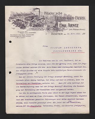 HÖXTER, Brief 1915, Emil Arntz Höxter'sche Gummifäden-Fabrik