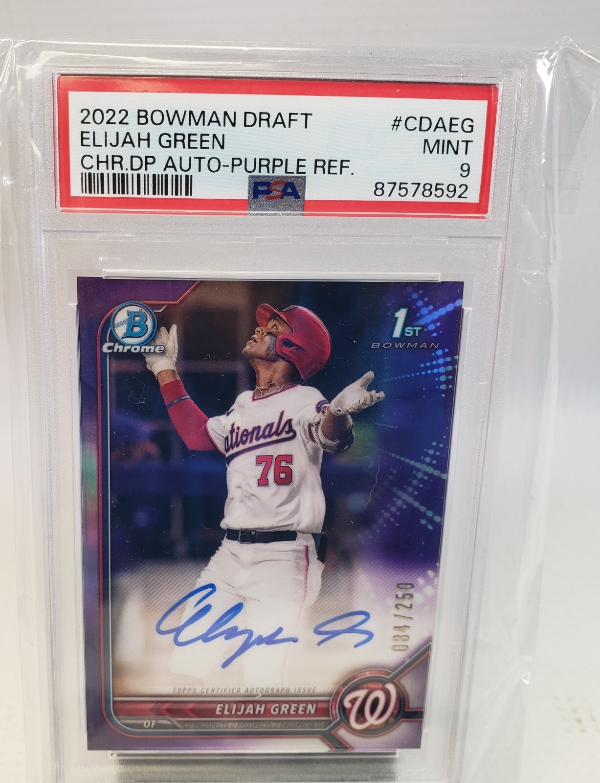 ELIJAH GREEN 2022 BOWMAN CHROME PURPLE REFRACTOR AUTO 084/250 #CDA-EG PSA 9