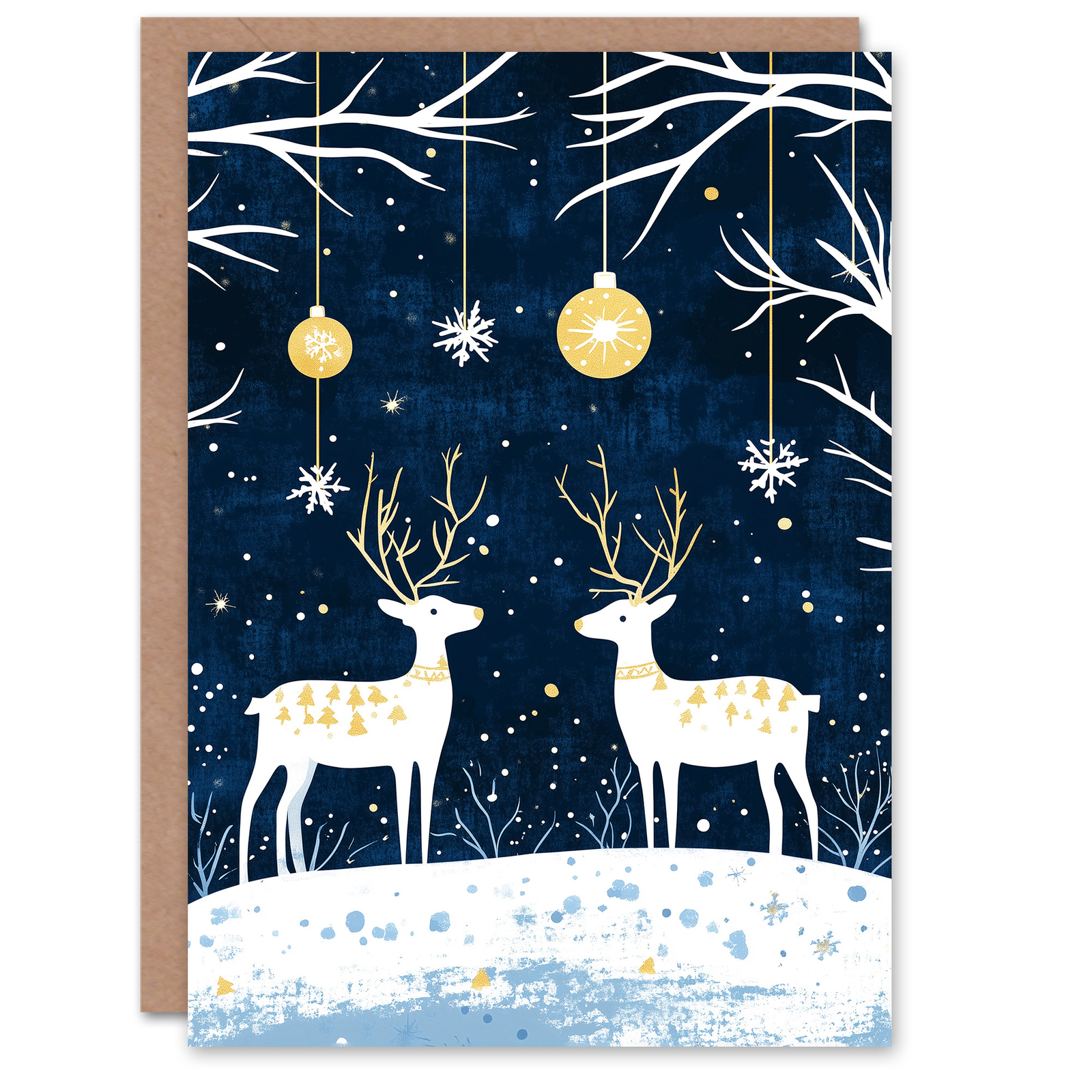 Reindeer Winter Forest Baubles Gold Blue Nordic Christmas Greeting Card