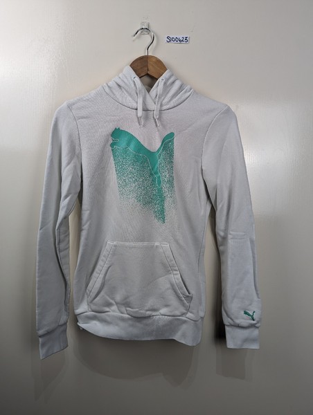 Puma White Teal Logo Women's Activewear Hoodie Pullover Sweatshirt Size S