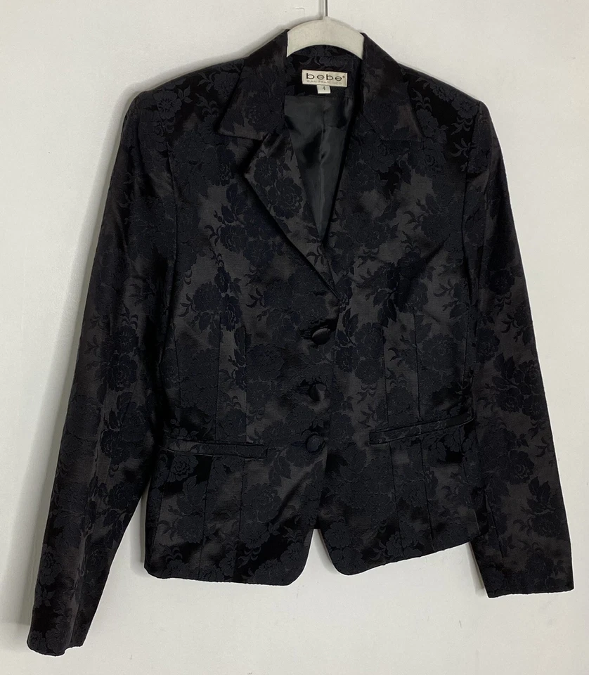 Винтажная женская черная атласная кружевная блейзерная куртка San FranciscoTM Bebe размер 4 N2 - Изображение 2 из 4