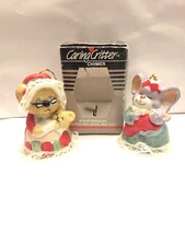 JASCO PORCELAIN Caring Critters  ORNAMENTS/ BELLS-2- BEAR & MOUSE-in box