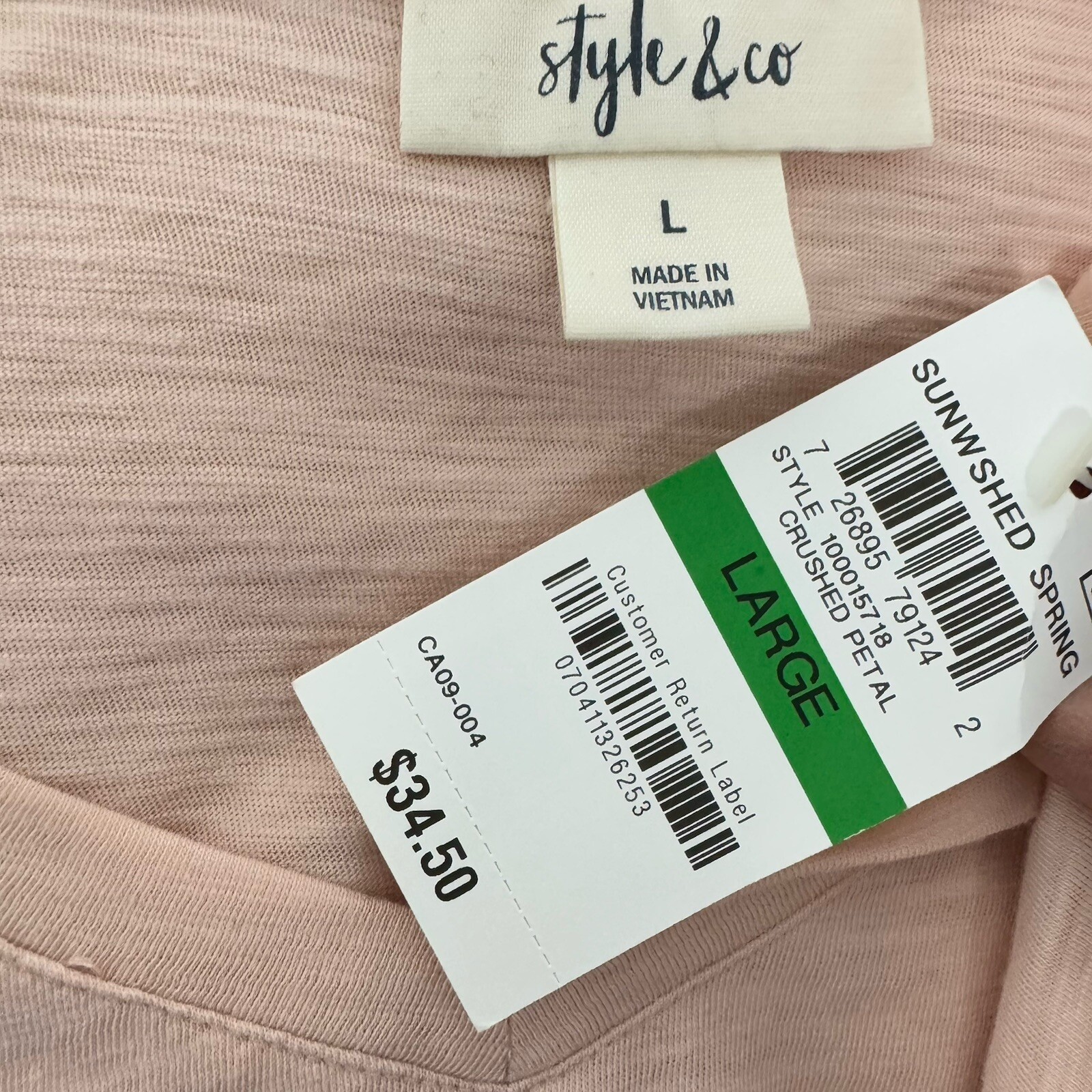 Style & Co women's short sleeve top crushed petal V neck size L