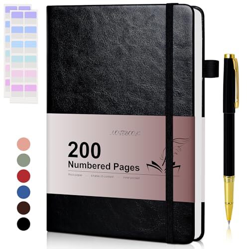Lined Journal Notebook for Men Women, 200 Numbered Pages Leather Black