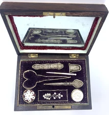 Antique French Palais Sewing Box Mother of Pearl Wood Vtg