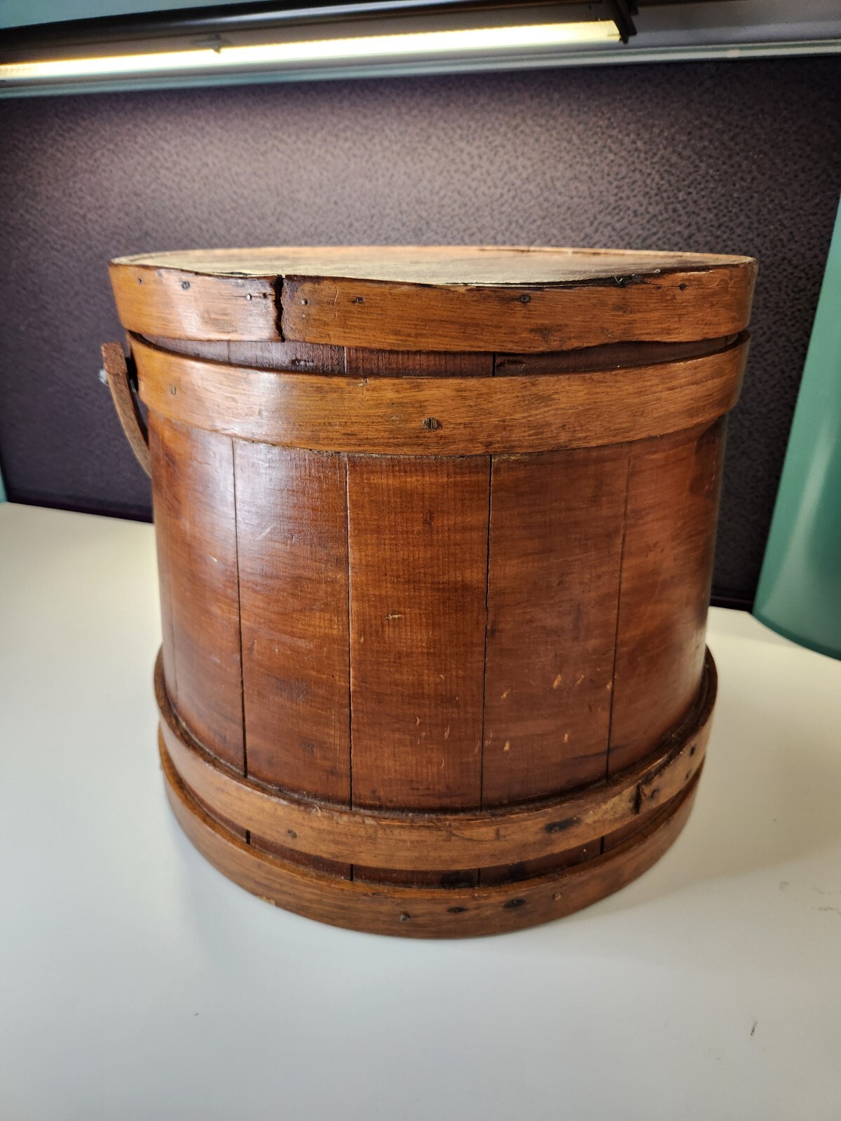 Antique Firkin Primitive Wooden Sugar Bucket with Handle 13.5" Tall